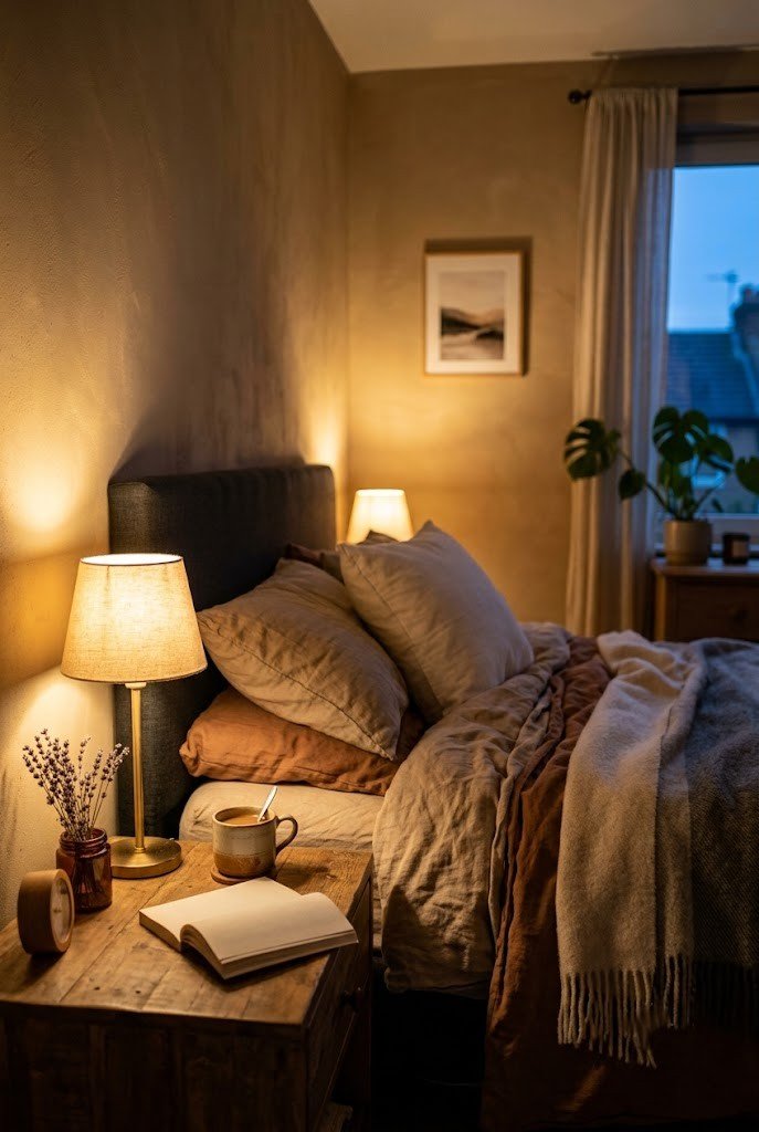 Small warm neutral bedroom glowing under a soft warm bedside lamp at dusk