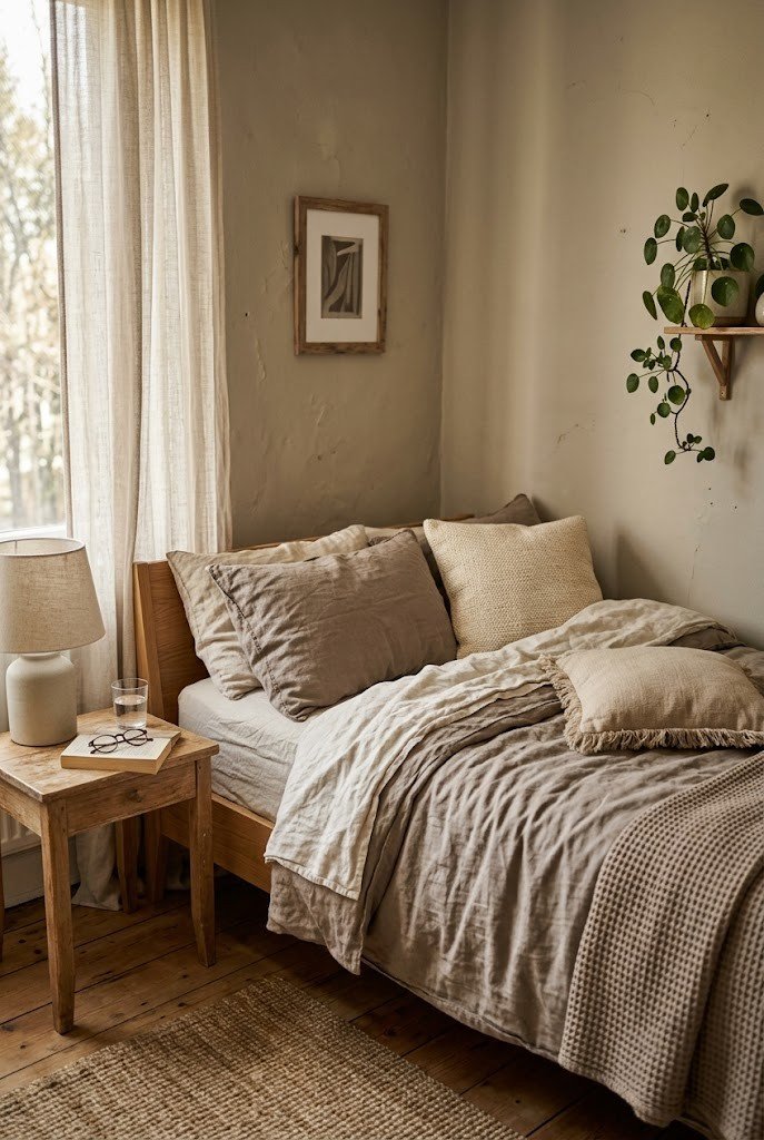 Small bedroom in warm greige-beige with taupe and cream bedding