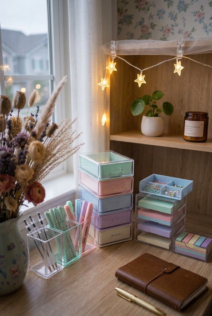 Color-coded clear and pastel acrylic organizers on a small desk