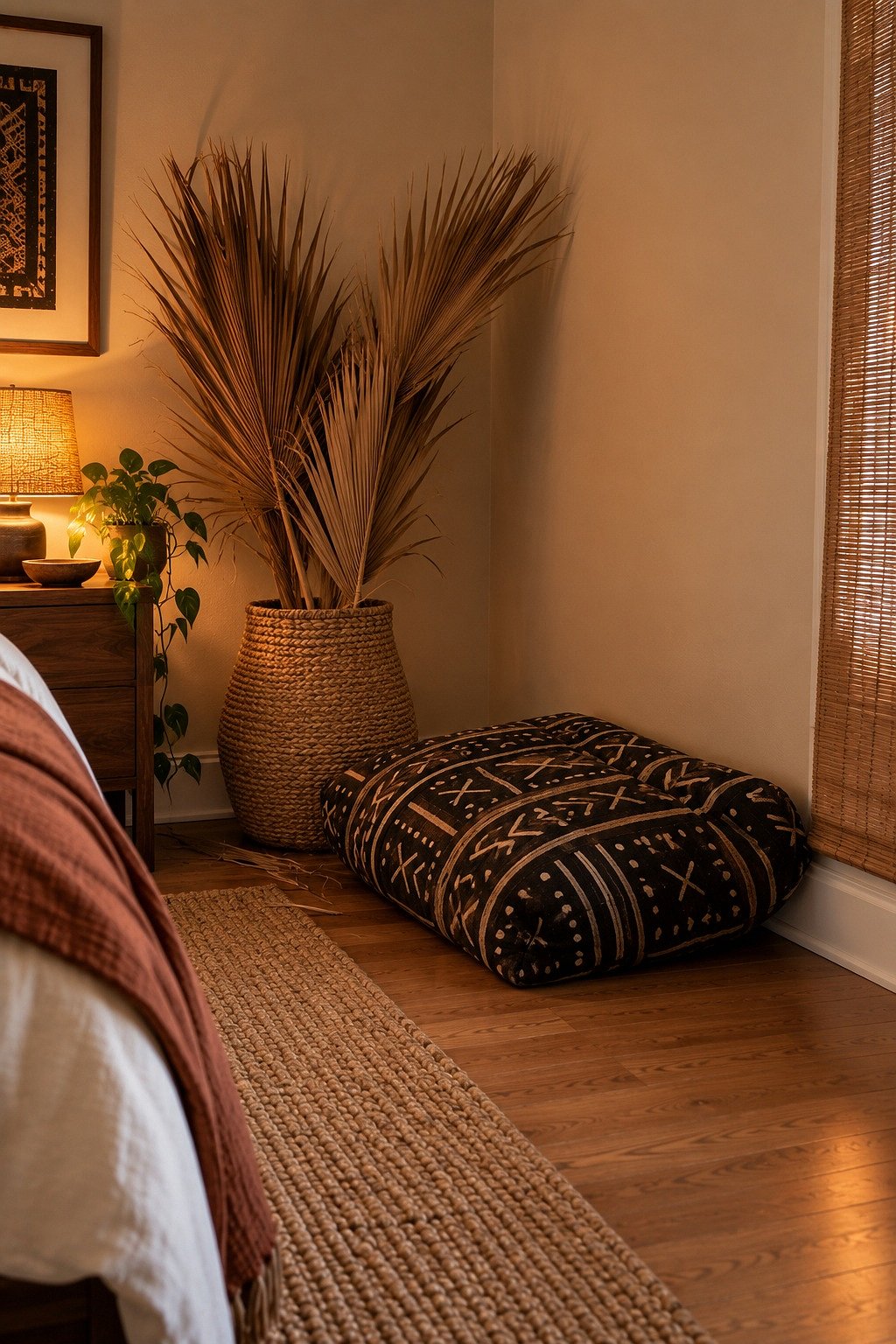 Mudcloth floor cushion and tall basket of dried palm fronds in a small bedroom corner
