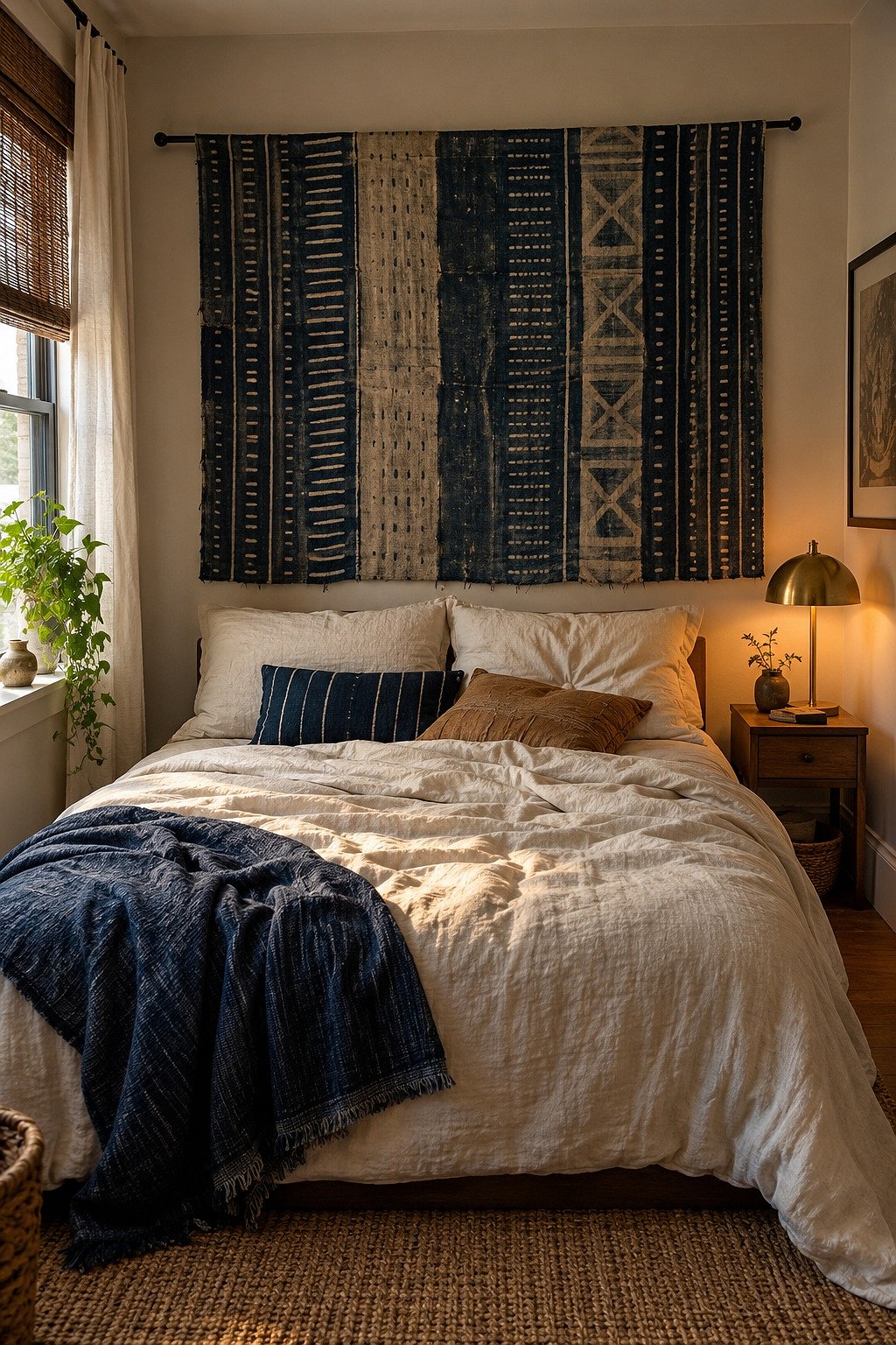 Indigo and cream mudcloth panel hung on a slim rod behind a low cream bed in a small bedroom