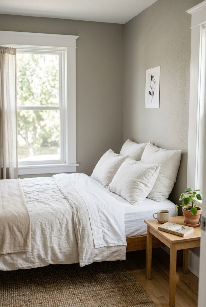 Small bedroom painted greige with crisp white trim and neutral bedding