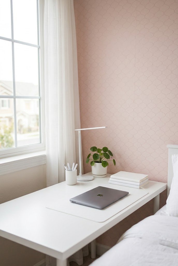 All-white minimalist desk in a small bright bedroom