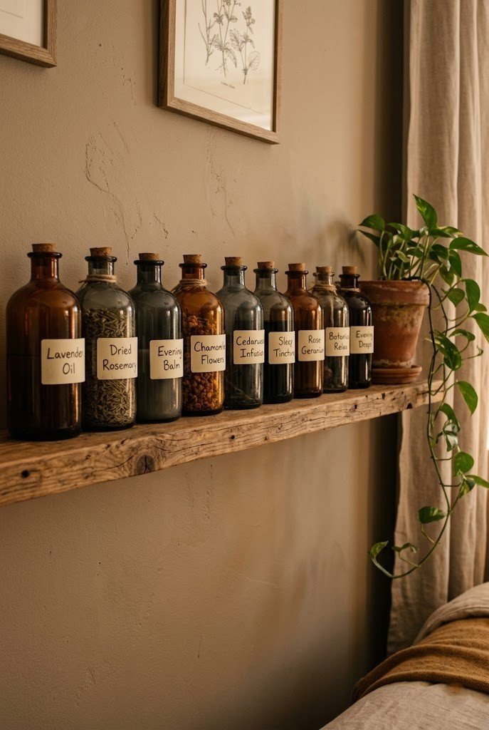 Row of amber and smoked-glass apothecary bottles with handwritten labels on a shelf