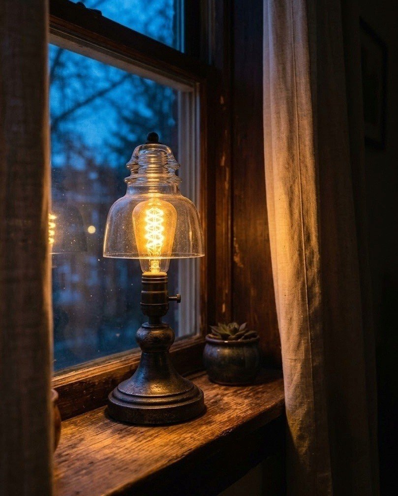 Small lamp with an amber Edison-style bulb glowing warmly on a windowsill