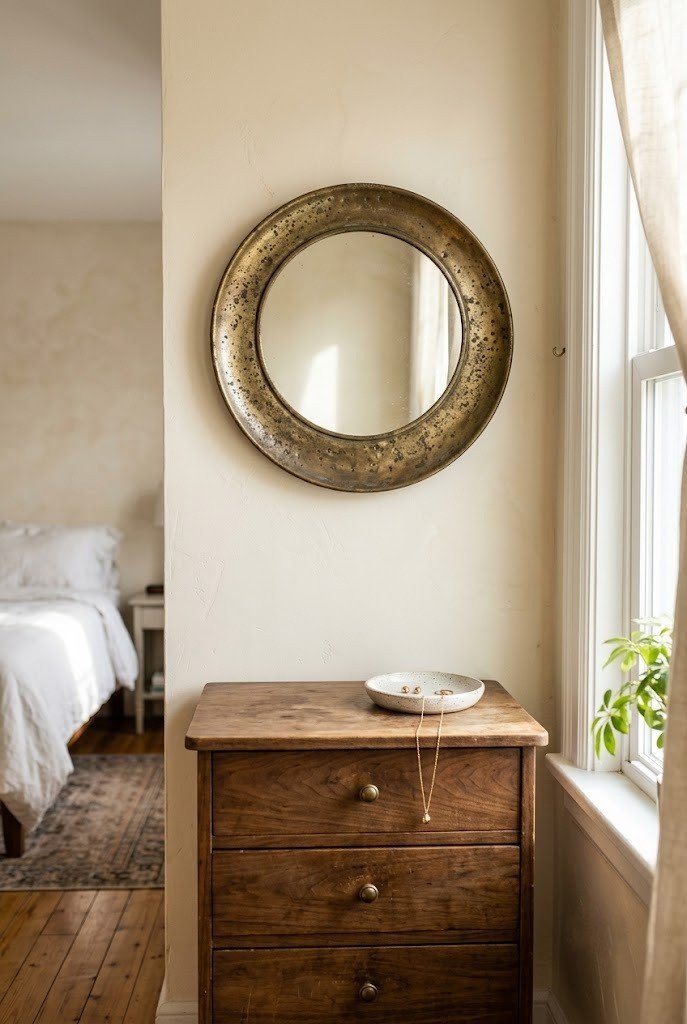 Round antique brass moon mirror hanging above a small walnut dresser