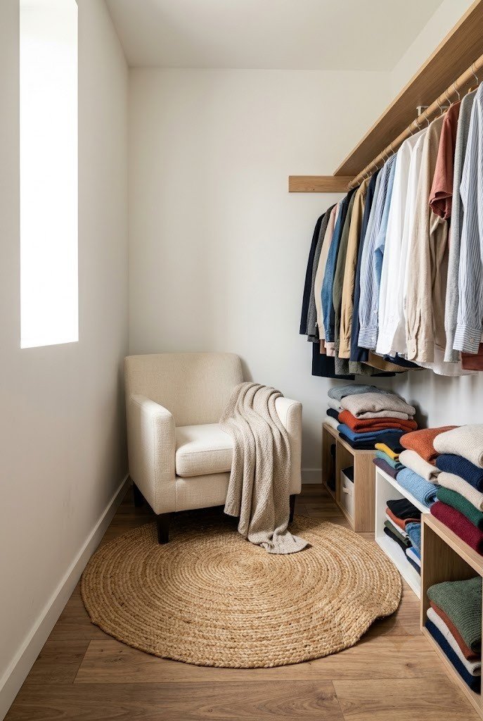 Cream upholstered armchair on a jute rug in a walk-in closet reading nook