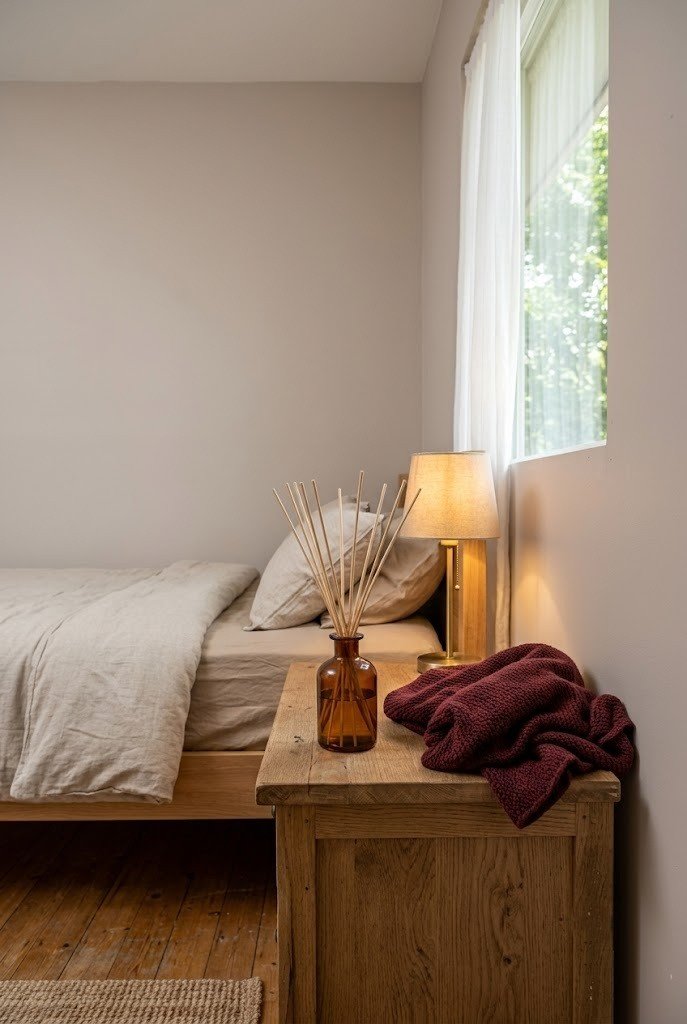 Amber glass reed diffuser on a nightstand in a small cozy bedroom