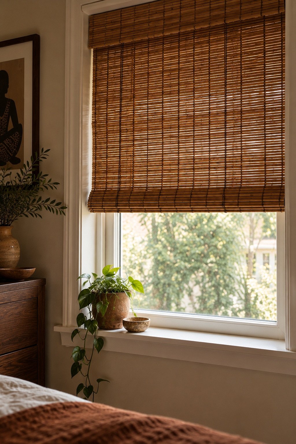 Natural bamboo roller shade half lowered inside a bedroom window frame