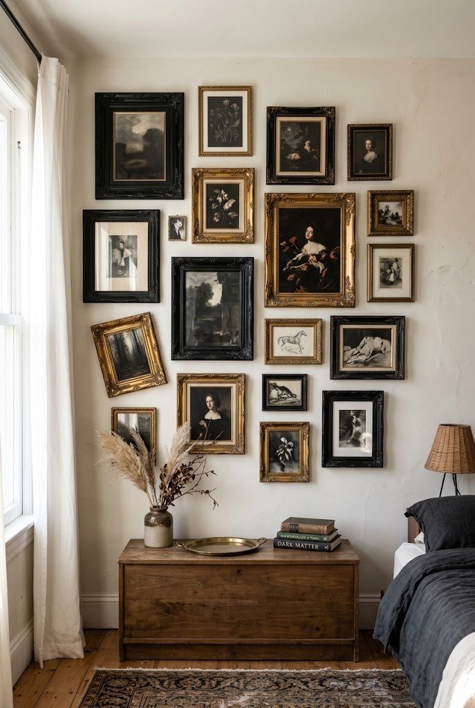 Asymmetrical gallery wall of black and gold ornate frames with dark moody prints
