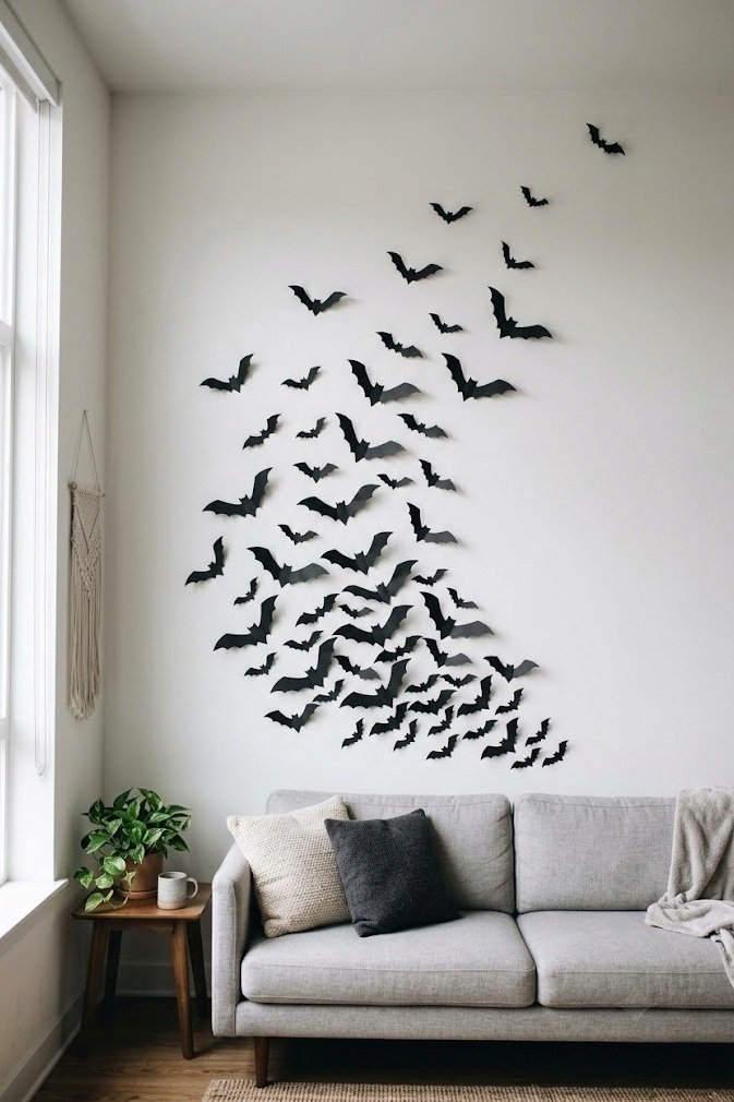 Black paper bat swarm climbing an apartment wall, damage-free renter Halloween decor
