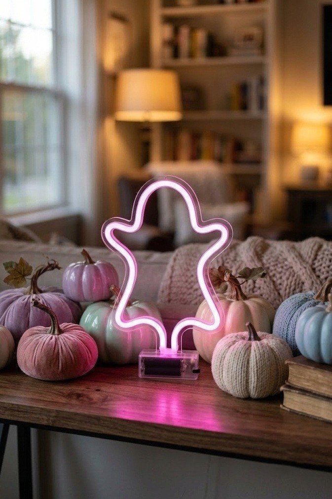 Battery LED neon-style ghost sign on a shelf for pastel renter Halloween decor