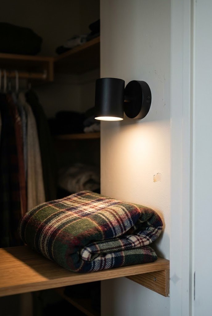 Matte black rechargeable wall sconce lighting a plaid blanket inside a closet nook
