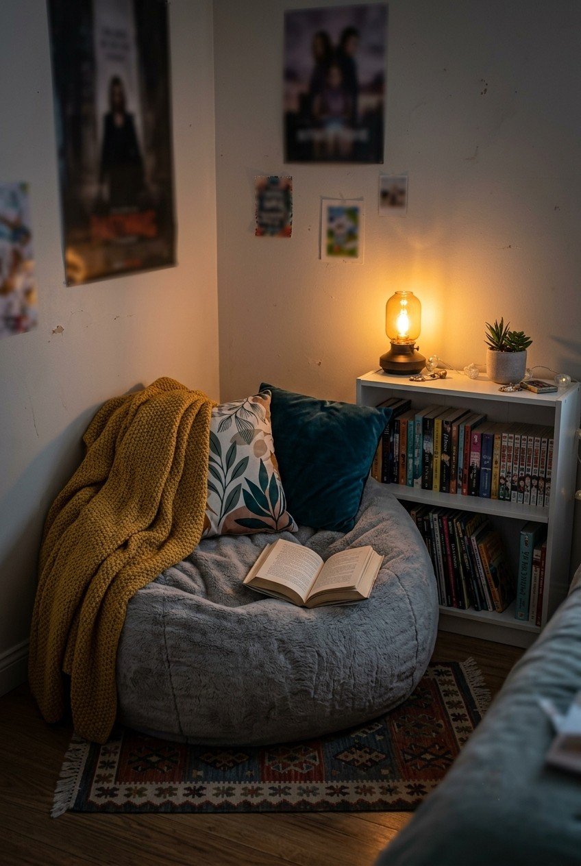 A soft bean bag chair beside a small bookshelf with a throw and cushions in a cozy reading corner