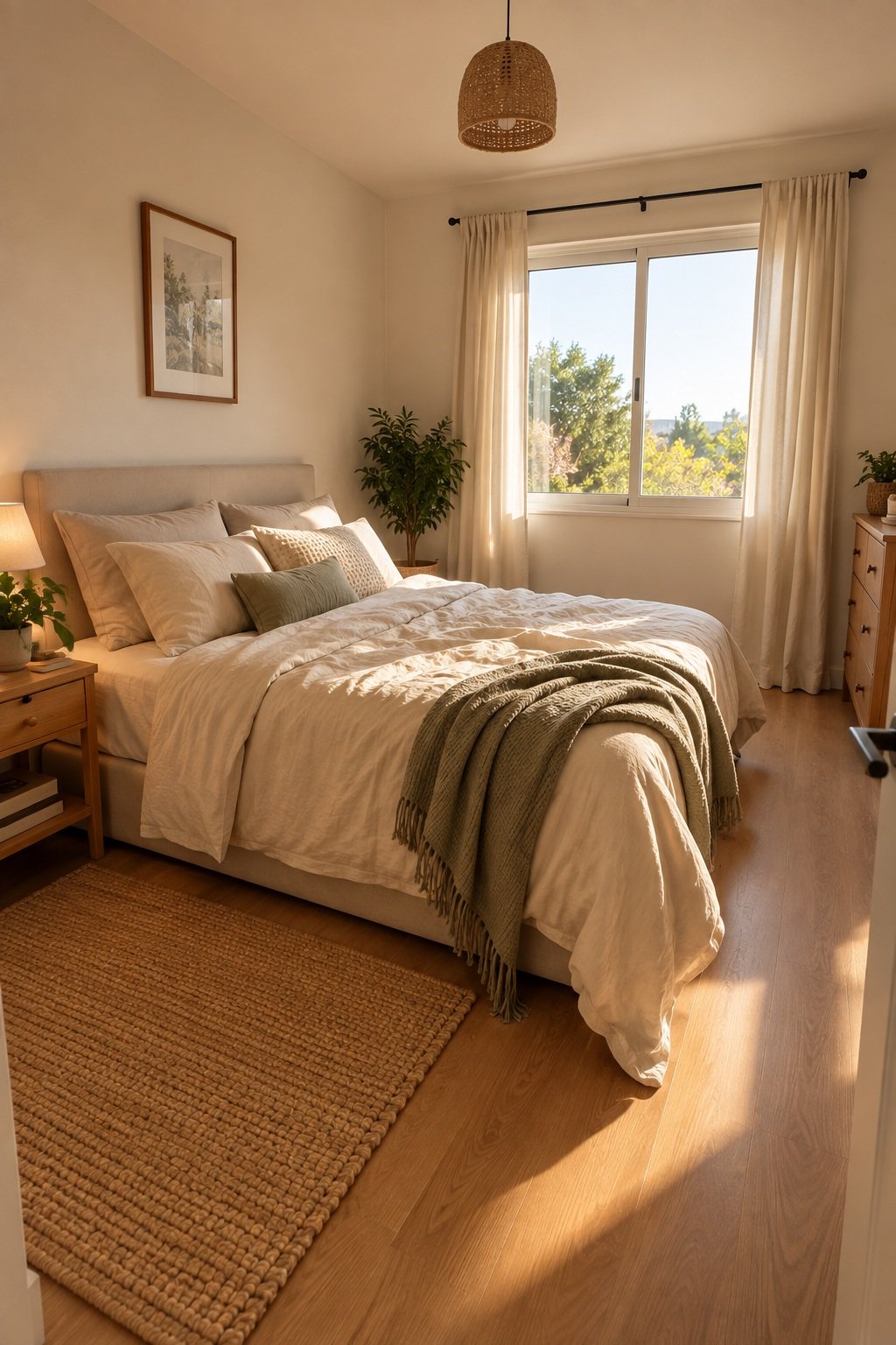 Small bedroom with the bed on the inside wall and the window across the room