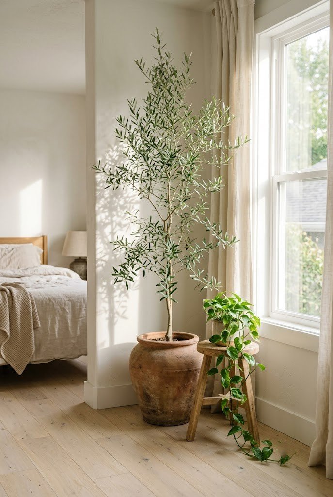 Tall olive tree in a pottery planter styled in a sunlit bedroom corner