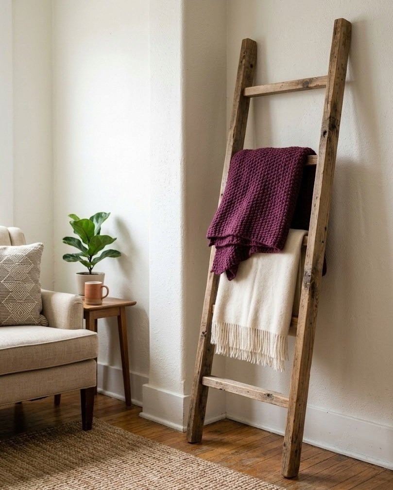 Leaning wooden blanket ladder holding a plum berry knit throw and a cream throw