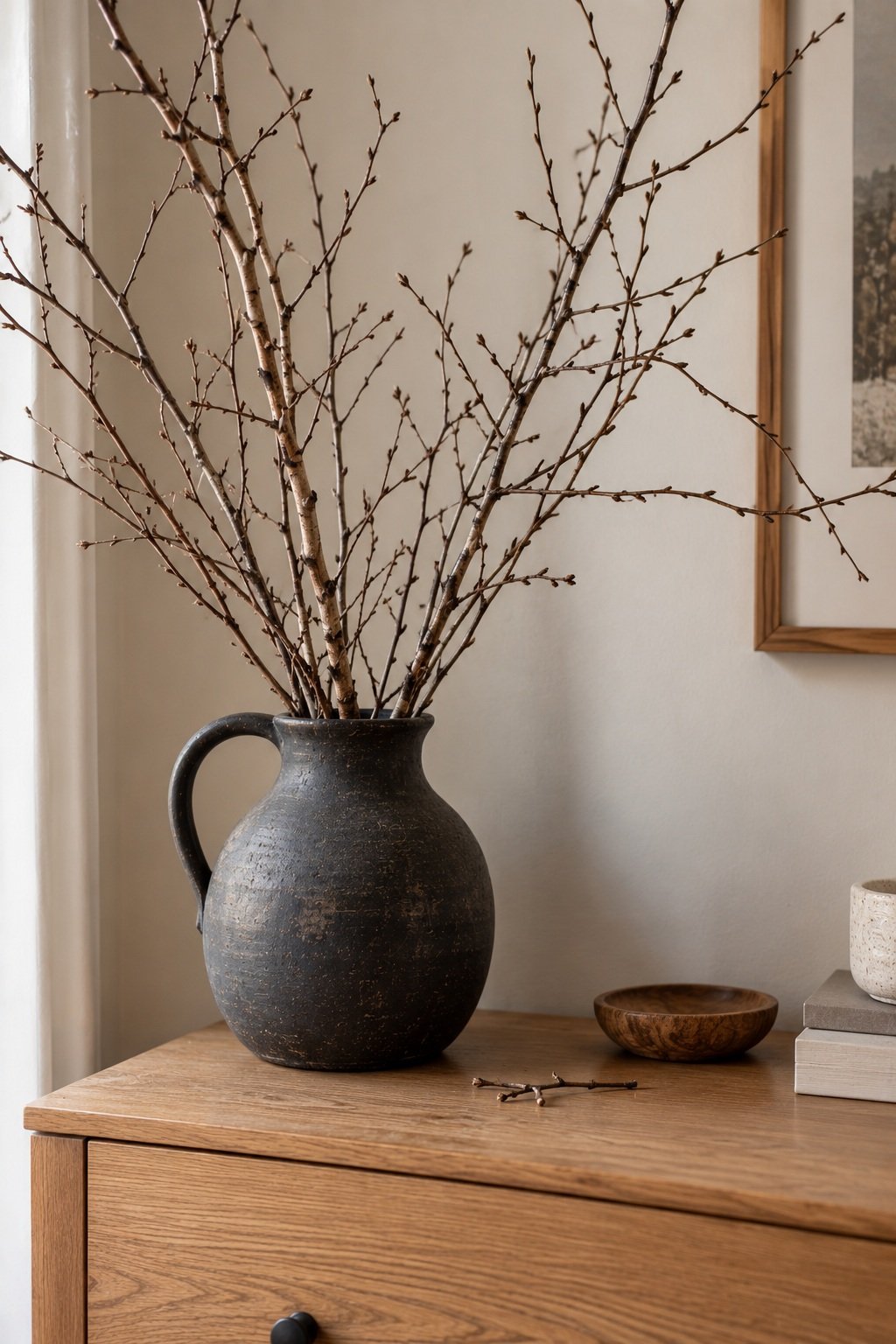 Bare birch branches in a charcoal ceramic jug on a bedroom dresser