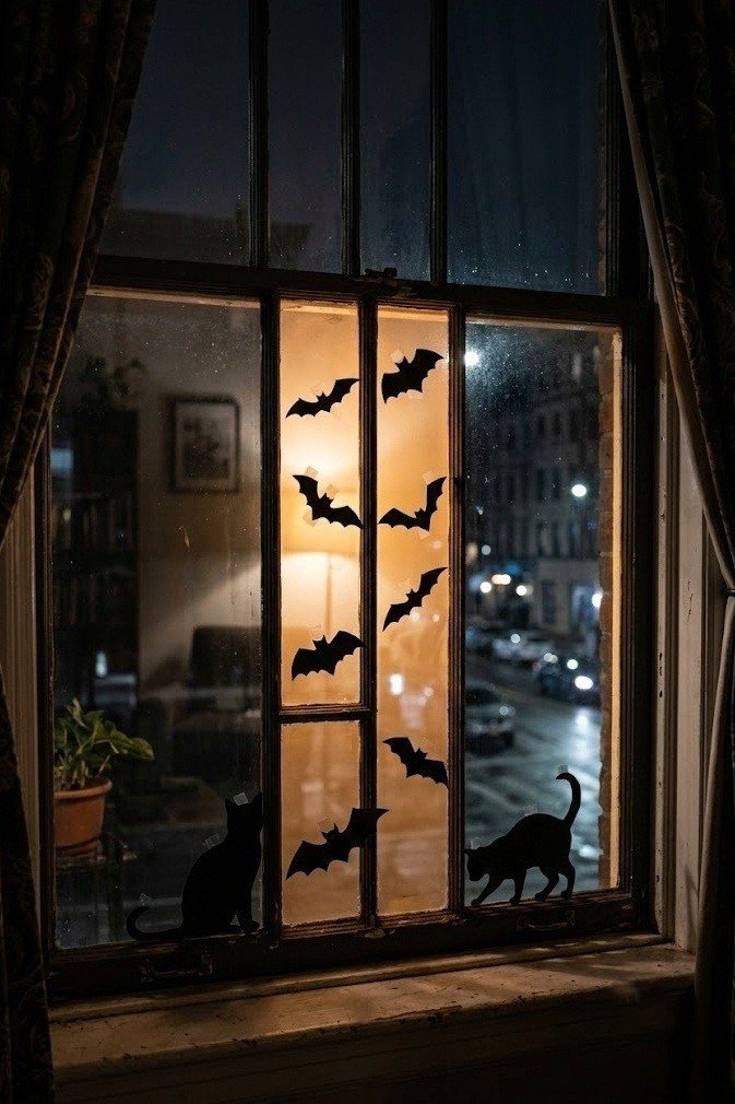 Black bat window silhouettes glowing at night for renter Halloween decor