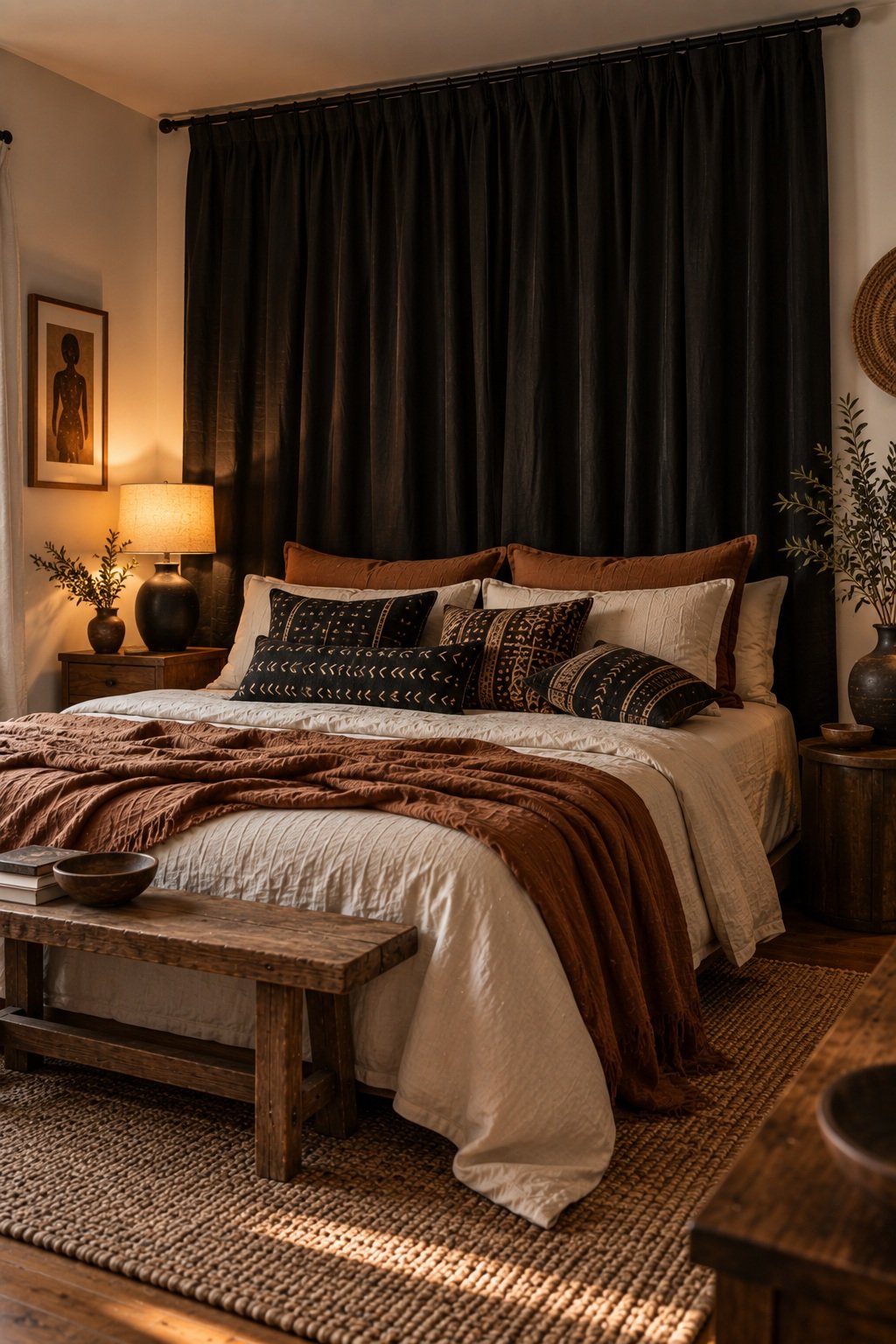 Black floor to ceiling curtain panel used as a bedroom feature wall with mudcloth cushions in front