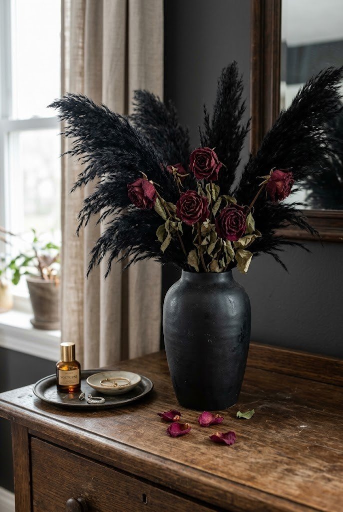 Tall matte black vase with black dried pampas and deep-red dried roses on a dresser
