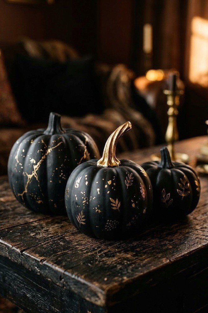 Black-and-gold foil pumpkins for glam monochrome renter Halloween decor