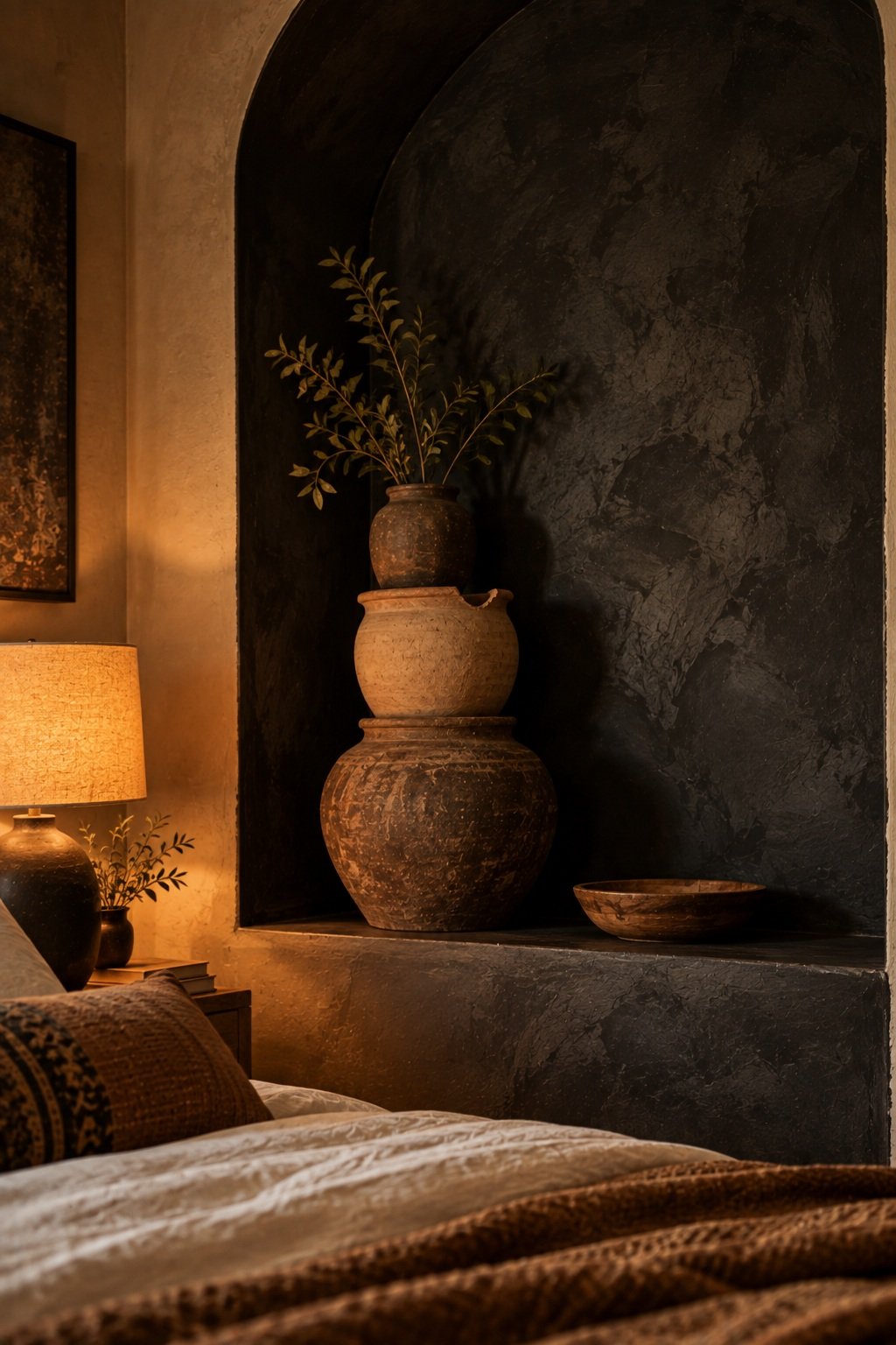 Recessed bedroom alcove painted in black limewash with three stacked clay pots on the ledge