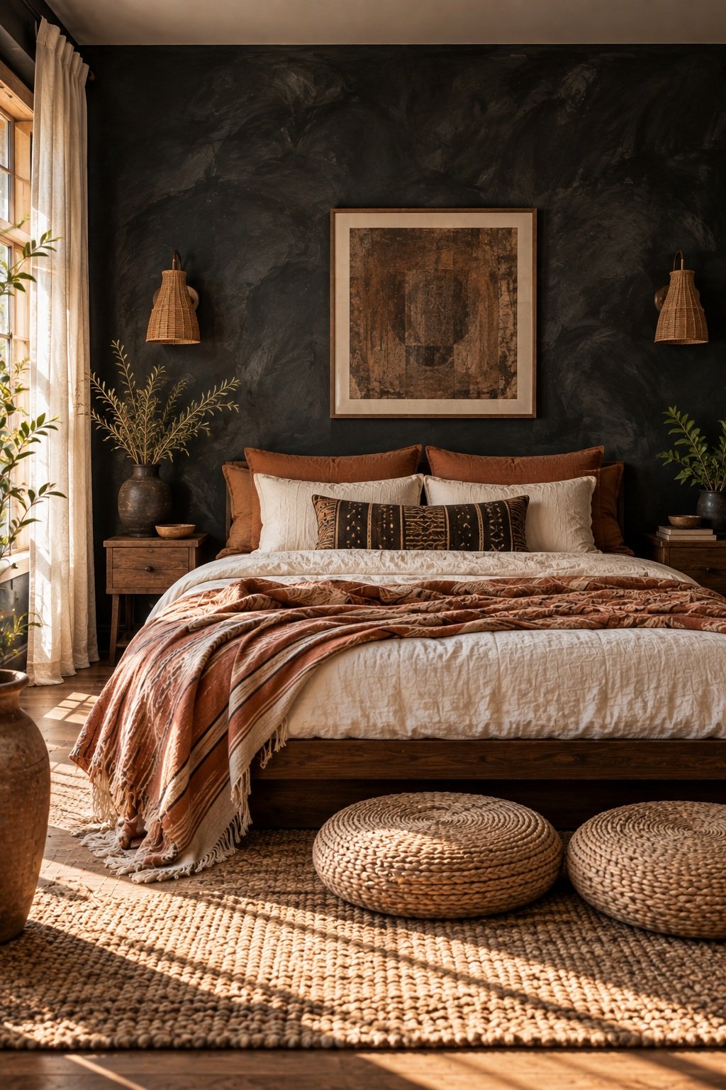 Black limewash bedroom wall with cloudy brush texture behind a low wooden bed and striped throw
