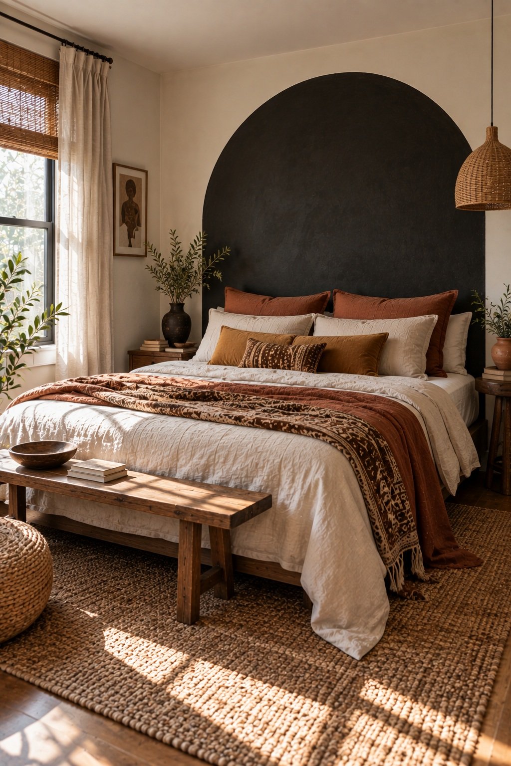 Black painted arch on a cream bedroom wall with rust and ochre cushions inside the shape