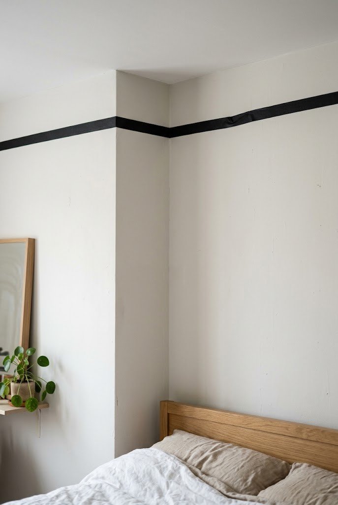 Thin black tape run near the ceiling as faux crown molding on a plain wall