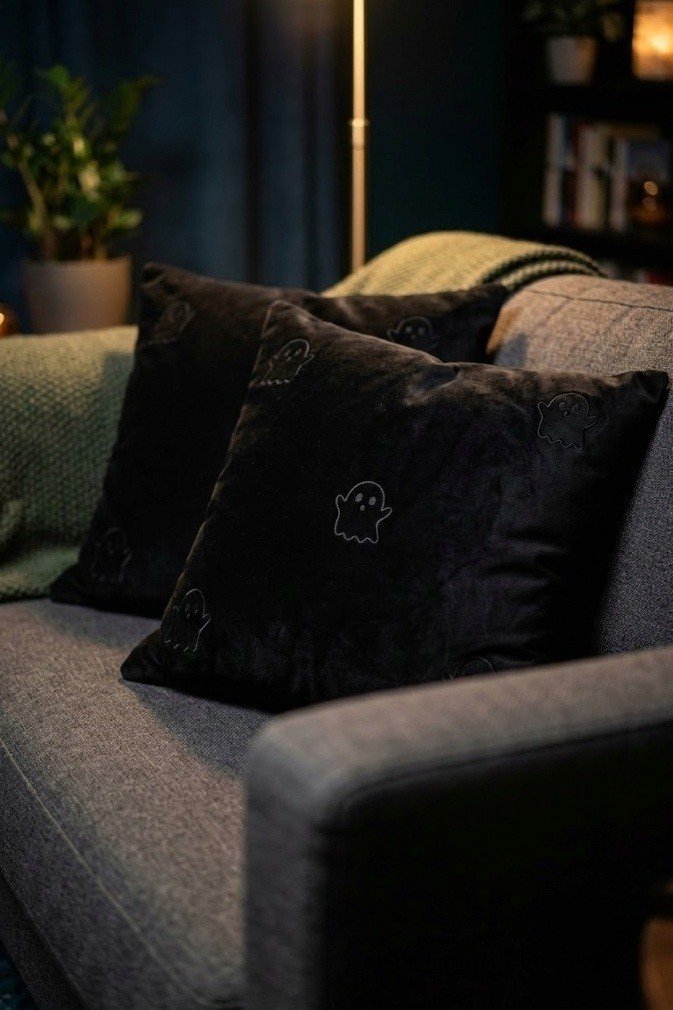 Black velvet ghost throw pillows on a sofa for modern renter Halloween decor