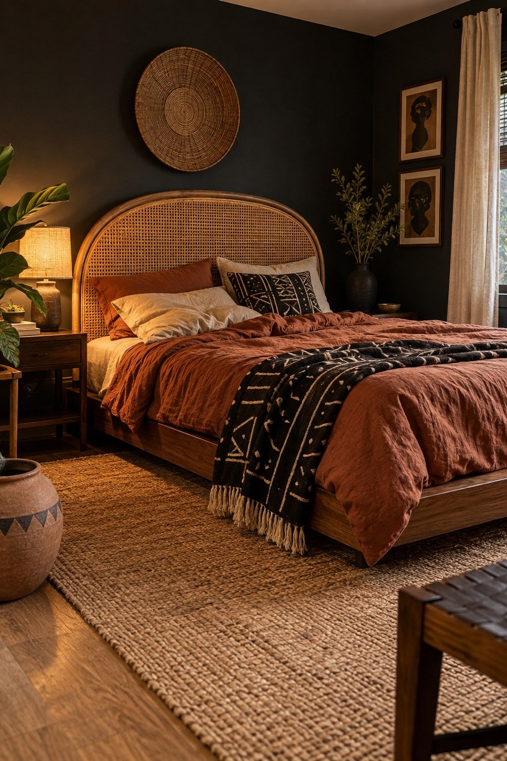 Black feature wall behind a low bed with an arched cane headboard and terracotta linen bedding