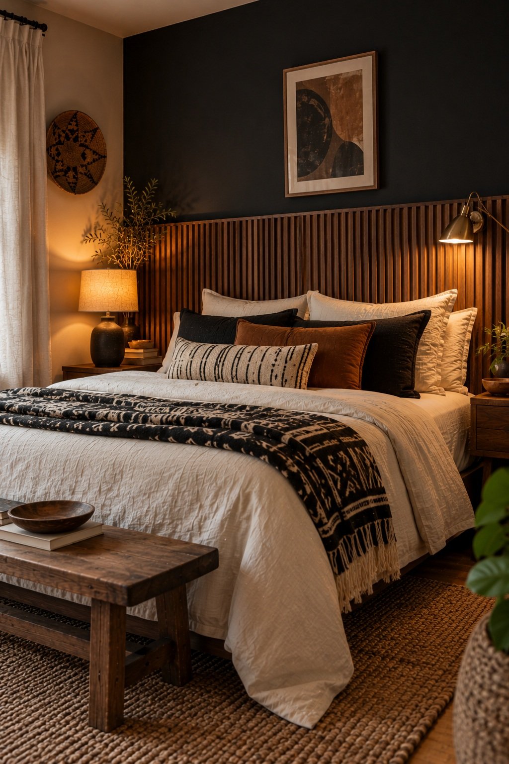 Black bedroom wall with walnut slat panels behind the bed, cream bedding and a bogolan throw