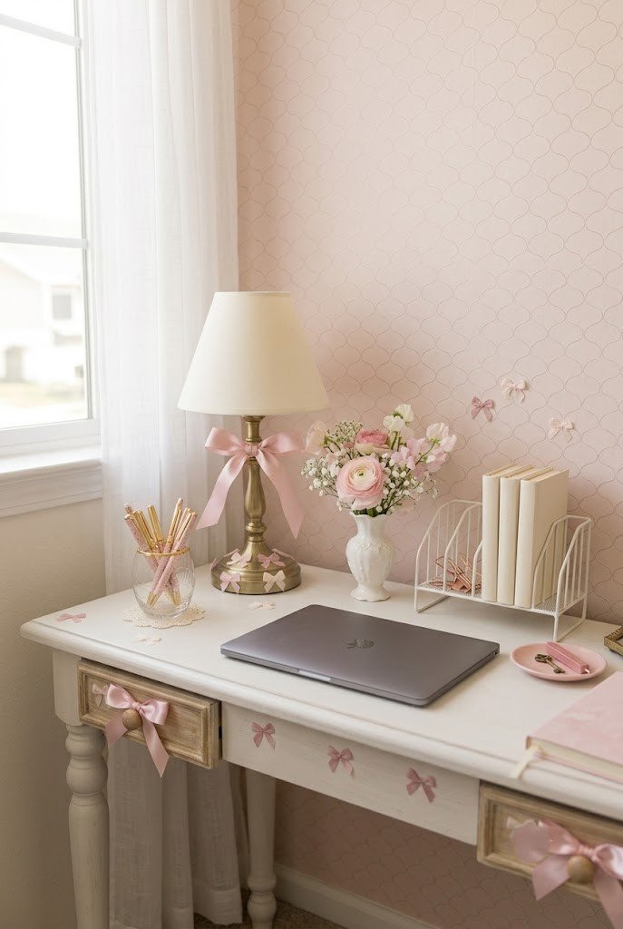 Small desk against a blush scalloped peel-and-stick accent wall