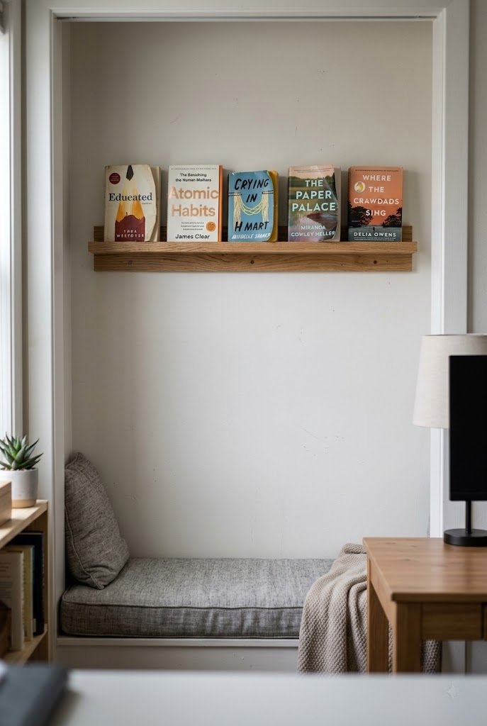 Narrow oak picture ledge with paperbacks facing out above a closet reading nook seat