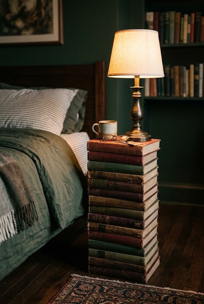A stack of old books used as a lamp riser and micro-nightstand