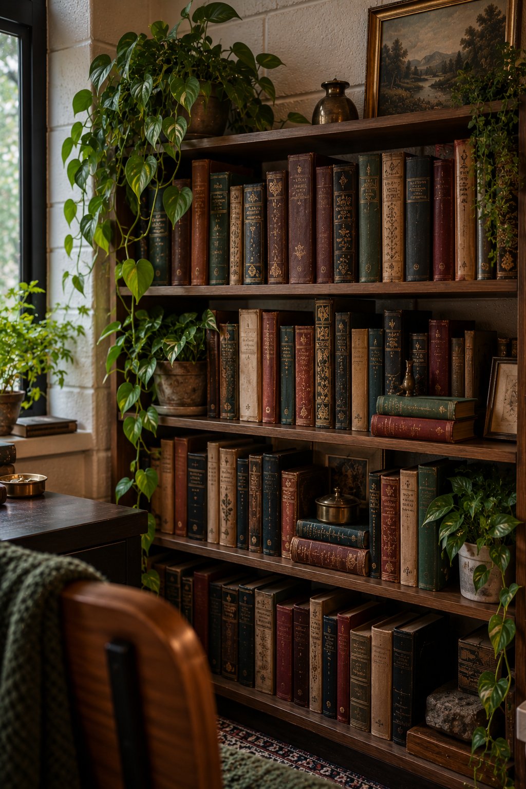 Shelf densely filled with mismatched old hardbacks in browns, greens, and deep reds