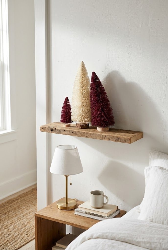 Three bottle brush trees in cream and burgundy on a small floating shelf