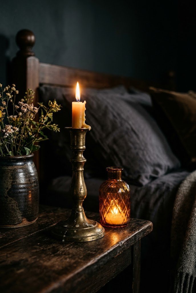 Aged brass and amber glass accents warming a moody bedroom