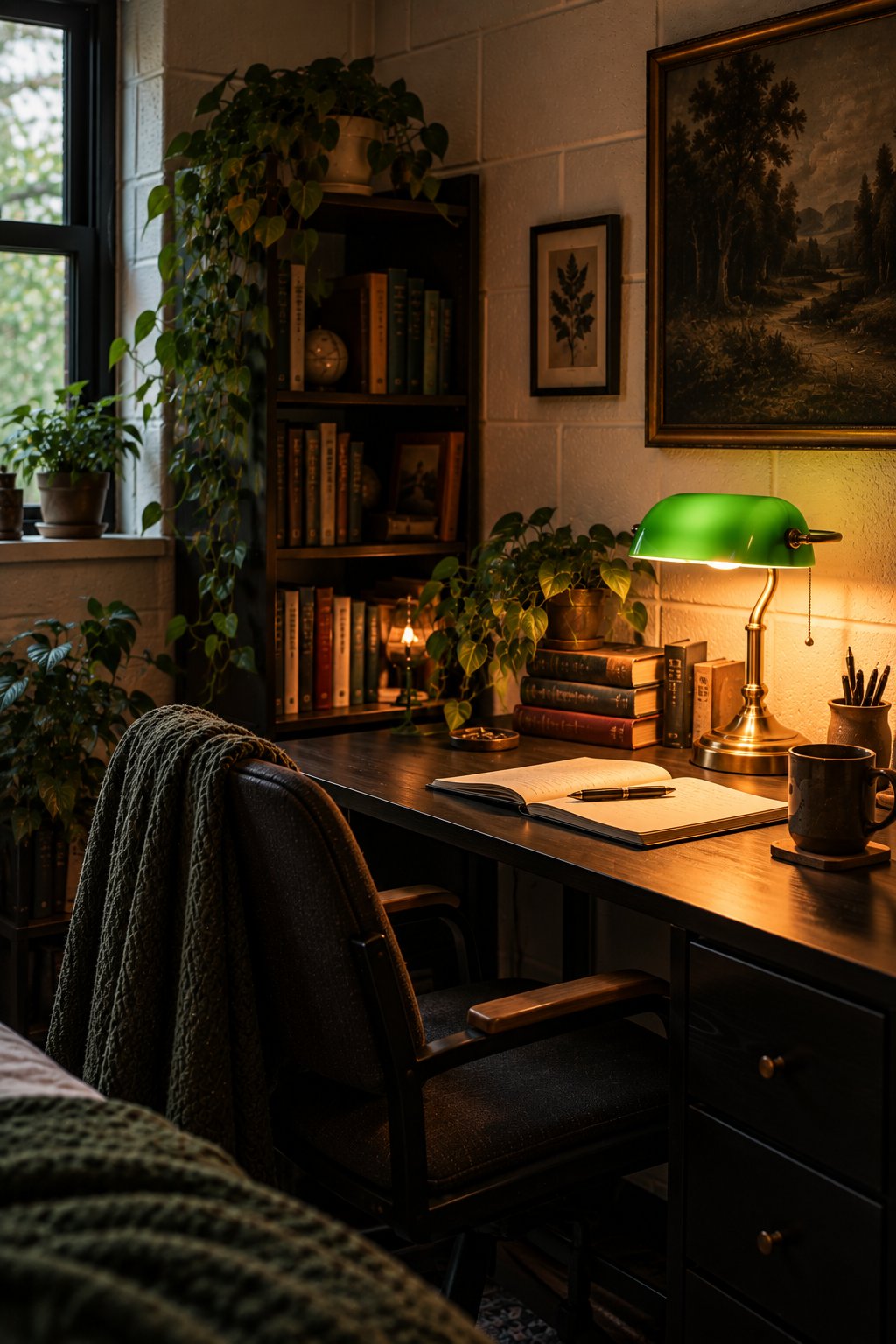 Brass banker's lamp with a green glass shade on a dark desk beside stacked books