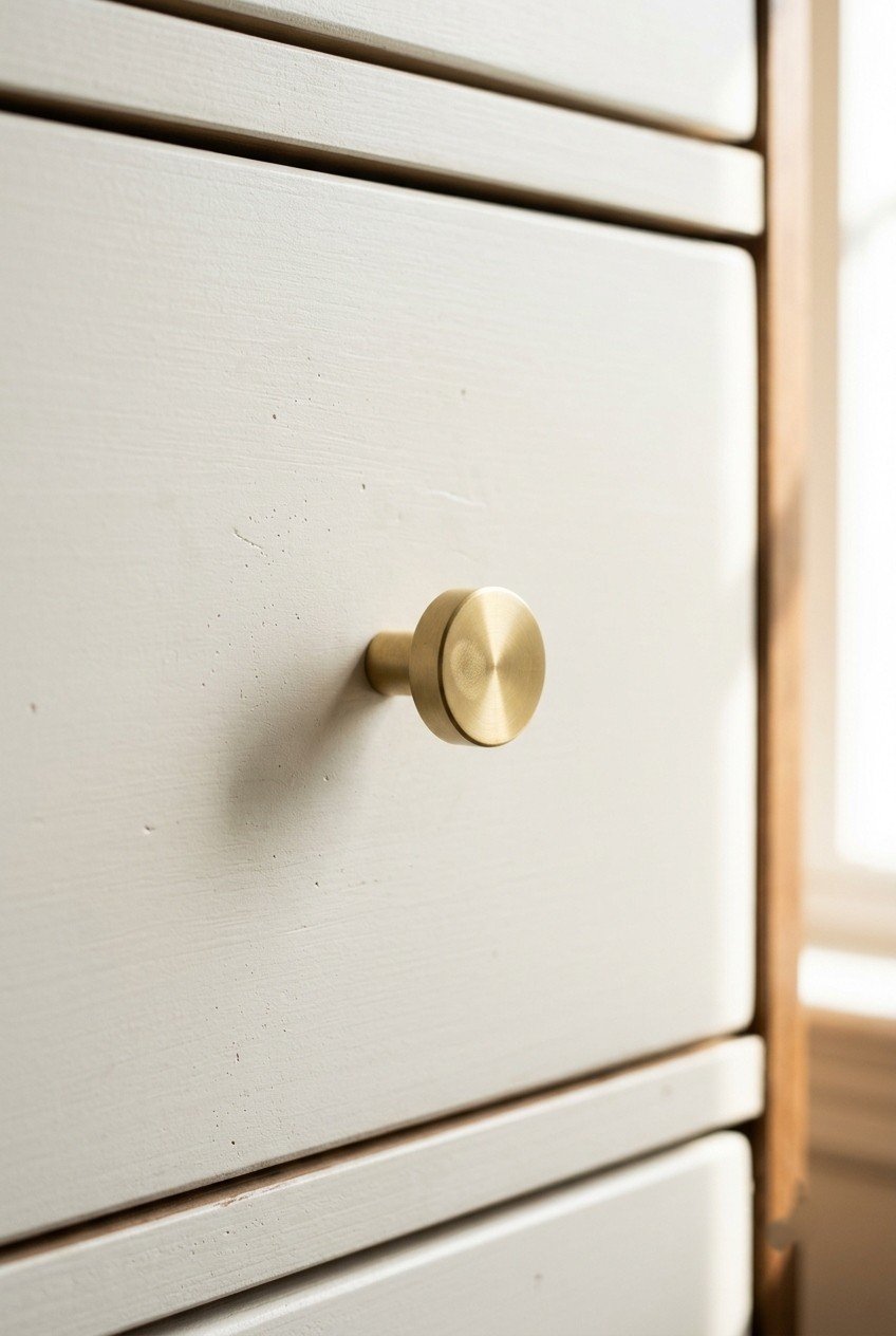 Close-up of a dresser drawer front with a single modern brass knob