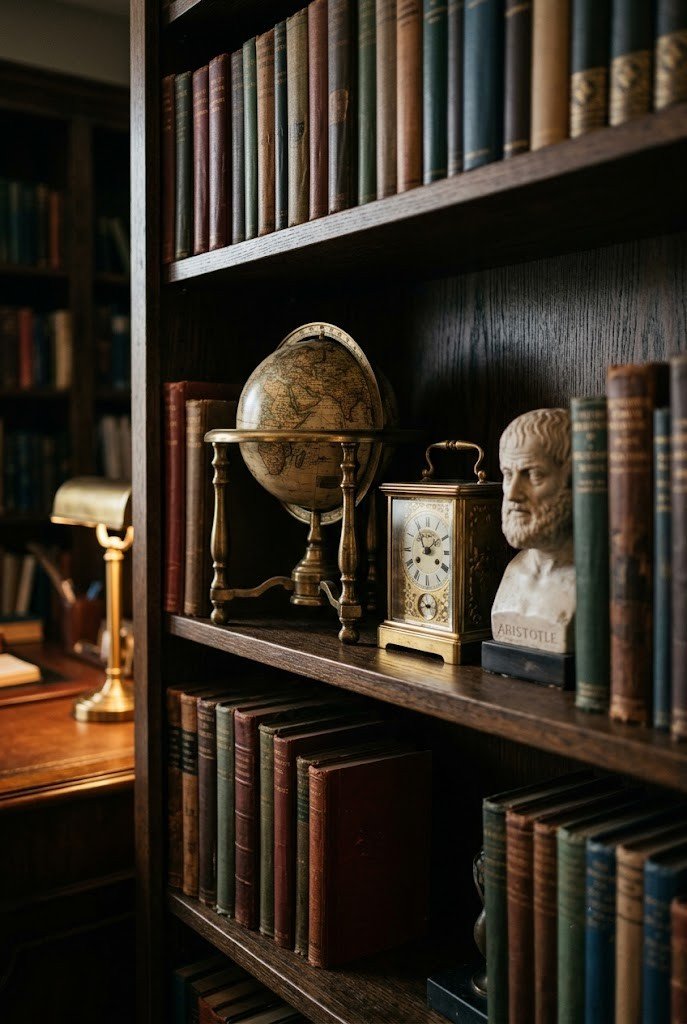 Dark academia shelf styled with a brass globe, clock and bust between books