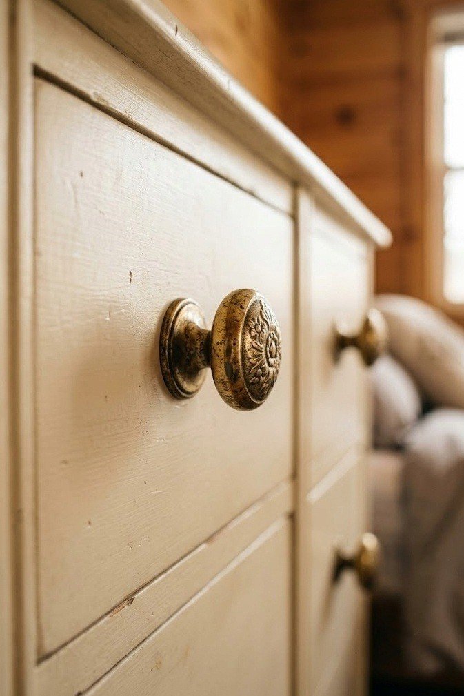 Brass antique-gold knobs on a cream dresser drawer
