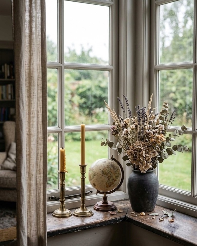 Windowsill styled with brass candlesticks, a small vintage globe, and dried flowers in a dark vase