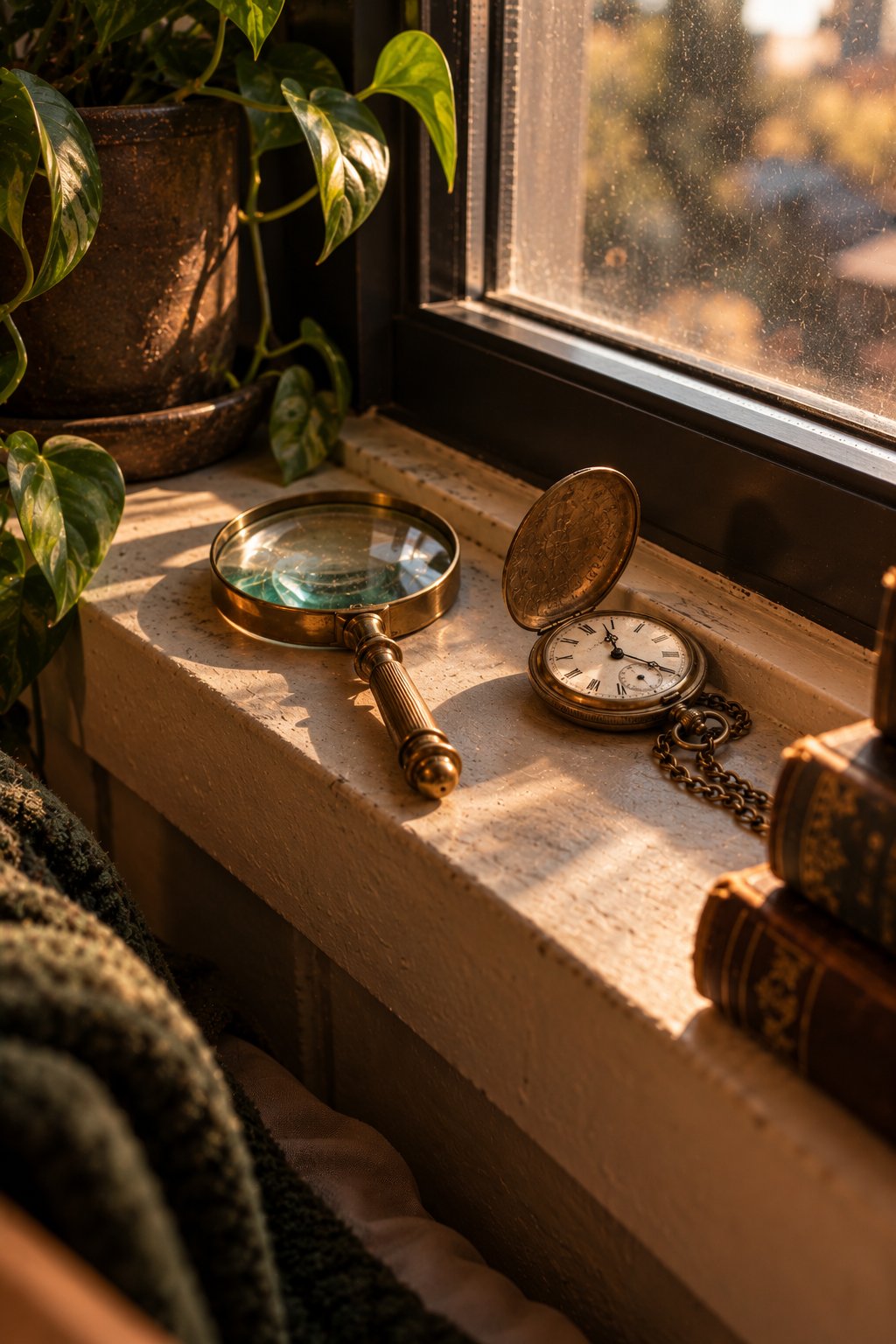 Small brass magnifying glass and an antique pocket watch on a windowsill in warm side light