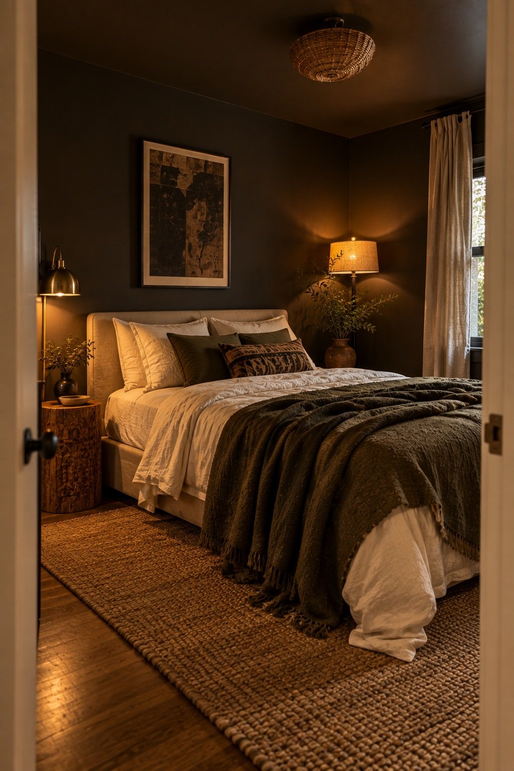 Bedroom with warm brown black walls and ceiling, cream sheets, an olive wool blanket and a carved wooden stool