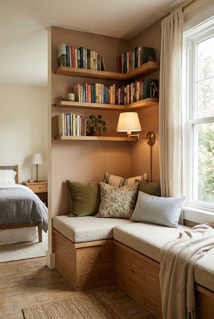 Built-in corner bench with a thick cushion framed by shelves in a small bedroom