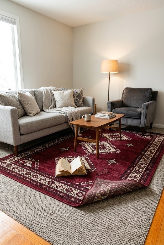Burgundy area rug with a cream and black pattern layered over greige rental carpet