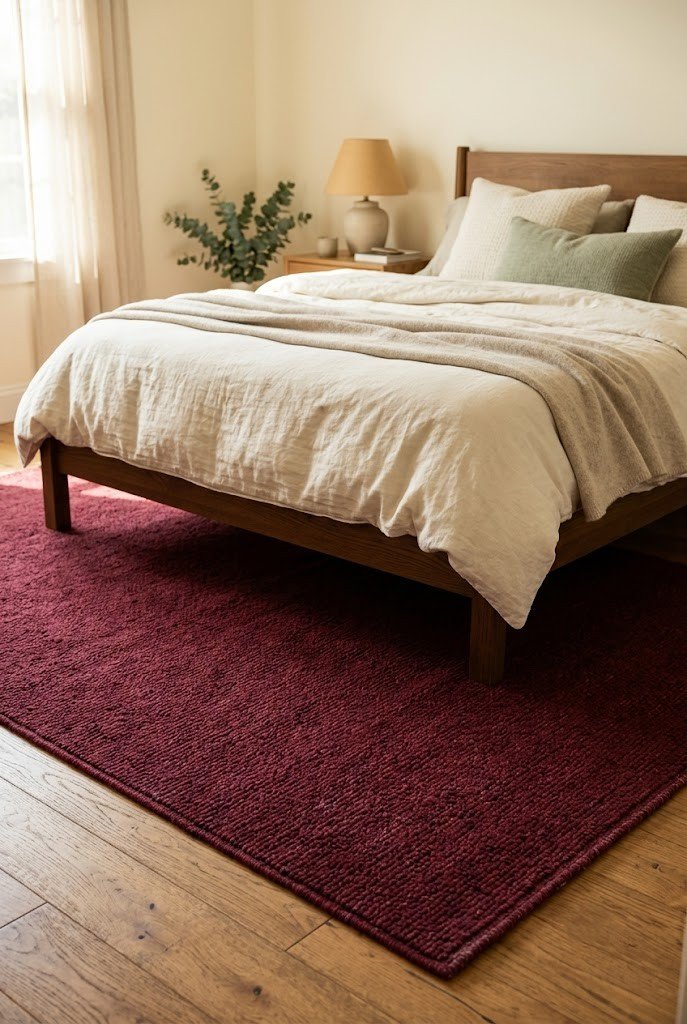 Burgundy low-pile area rug under a bed on wood flooring