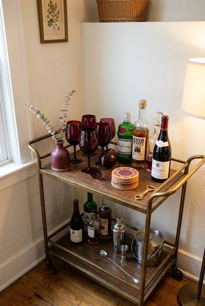 Bar cart styled with burgundy glassware, coasters, and a small bud vase